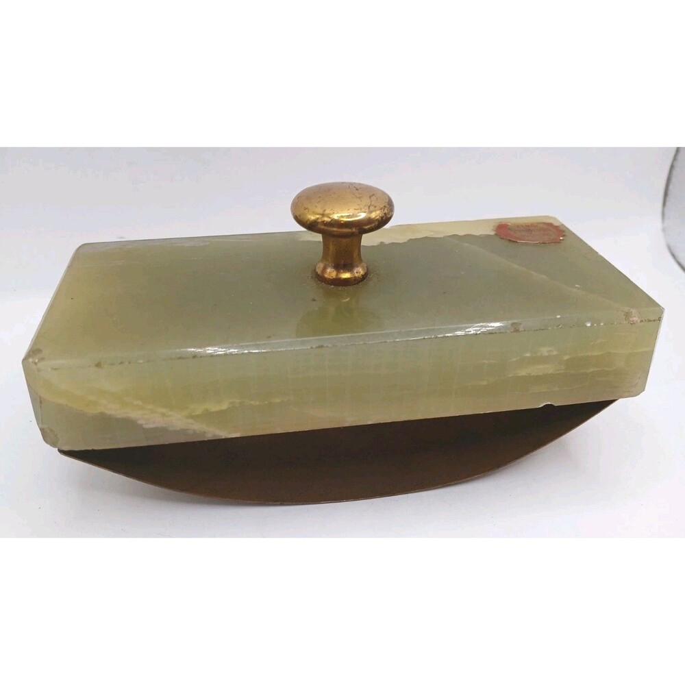 Vintage Genuine Brazilian Onyx Green Ink Roller Blotter Brass Handle 5" Heavy
